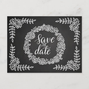 Chalkboard Flowers Wreath Wedding   Save The Date Announcement Postcard