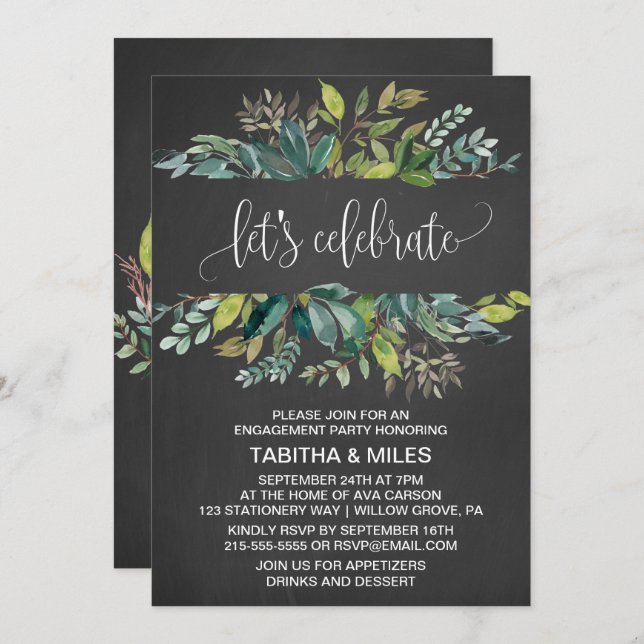 Chalkboard Foliage Lets Celebrate Engagement Party Invitation (Front/Back)