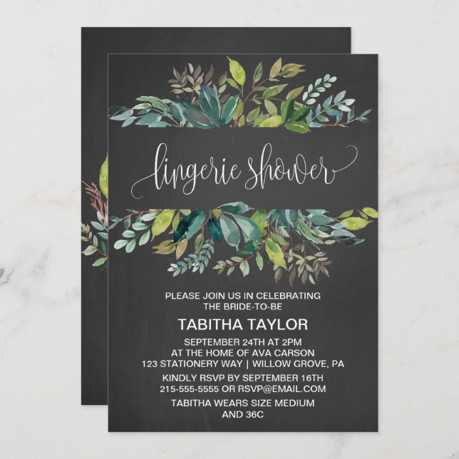 Chalkboard Foliage Lingerie Shower Invitation (Front/Back)