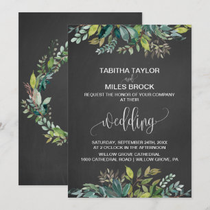 Chalkboard Foliage Monogram Wreath Backing Wedding Invitation