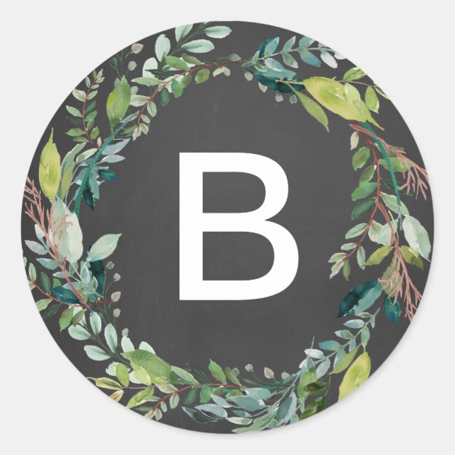 Chalkboard Foliage Wreath Monogram Envelope Seals (Front)