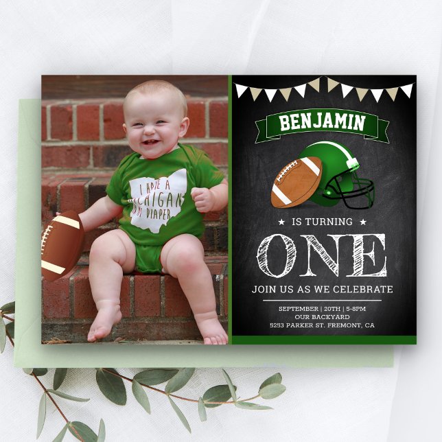 Chalkboard Football 1st First Birthday Party Photo Invitation (Creator Uploaded)