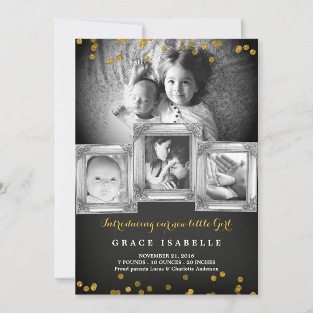 Chalkboard Frame Confetti Baby Birth Announcement (Front)