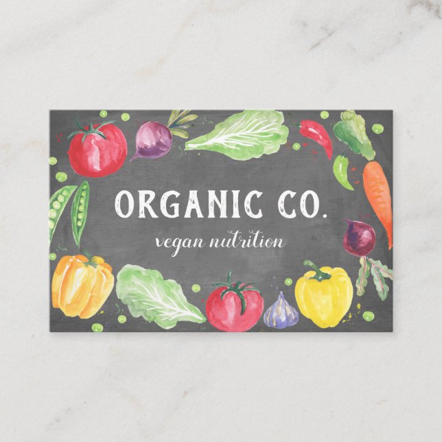 Chalkboard Fresh Watercolor Organic  Vegetables Business Card (Front)