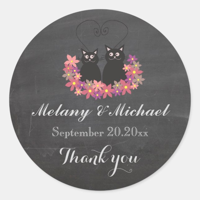 Chalkboard funny cat love couple thank you classic round sticker (Front)