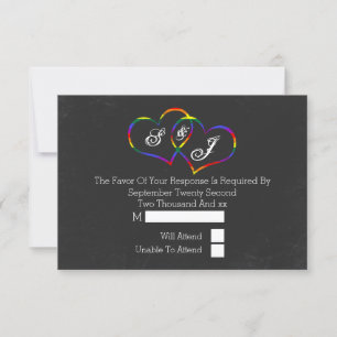Chalkboard Gay Pride Rainbow Hearts Wedding RSVP Card