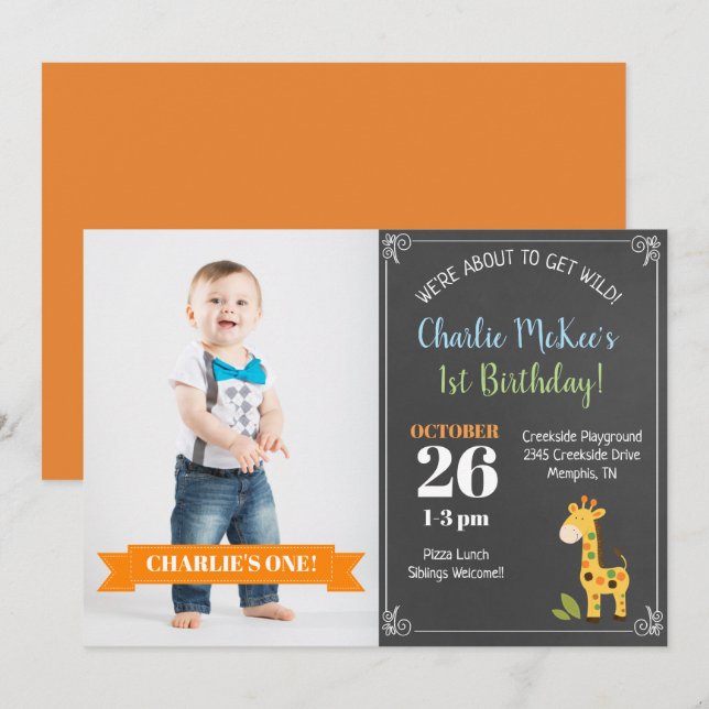 Chalkboard Giraffe Trendy Birthday Photo Invite (Front/Back)