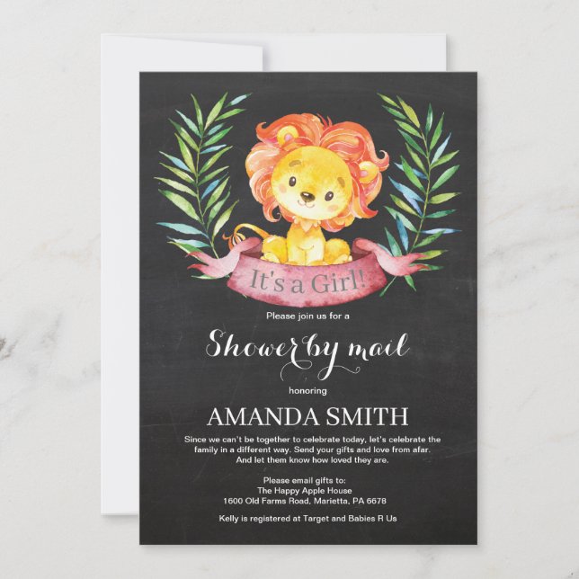 Chalkboard Girl Lion Baby Shower by Mail Invitation (Front)