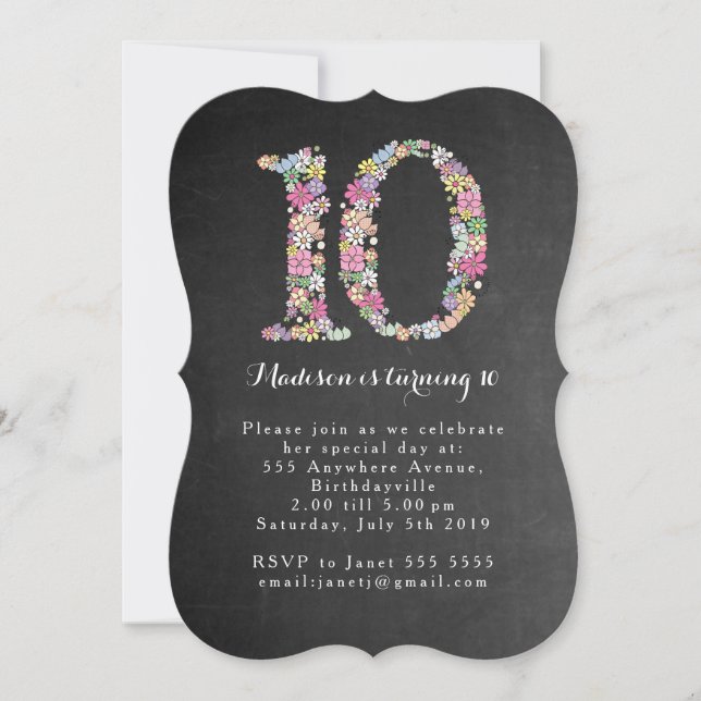 Chalkboard Girls Floral 10th Birthday Party Invite (Front)