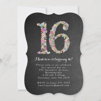 Chalkboard Girls Floral 16th Birthday Party Invite