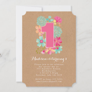 Chalkboard Girls Floral 1st Birthday Party Invite