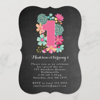 Chalkboard Girls Floral 1st Birthday Party Invite