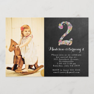 Chalkboard Girls Floral 2nd Birthday Party Invite