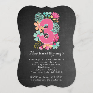 Chalkboard Girls Floral 3rd Birthday Party Invite