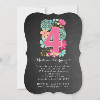 Chalkboard Girls Floral 4th Birthday Party Invite