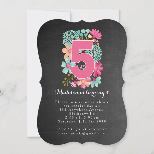 Chalkboard Girls Floral 5th Birthday Party Invite (Front)