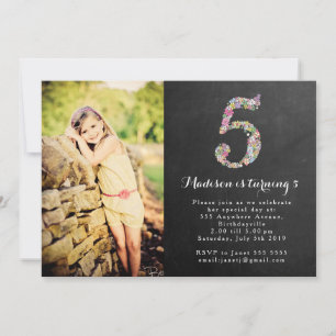Chalkboard Girls Floral 5th Birthday Party Invite
