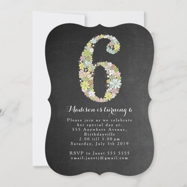 Chalkboard Girls Floral 6th Birthday Party Invite (Front)