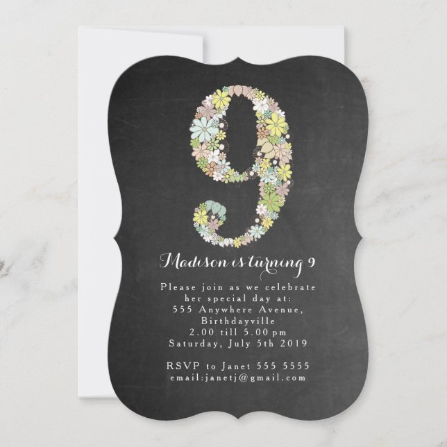 Chalkboard Girls Floral 9th Birthday Party Invite (Front)