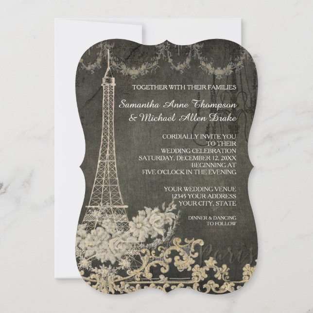 Chalkboard Glam Vintage Paris Parisian Wedding Invitation (Back)