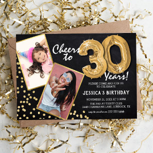 Chalkboard Gold Balloons 2 Photo 30th Birthday Invitation
