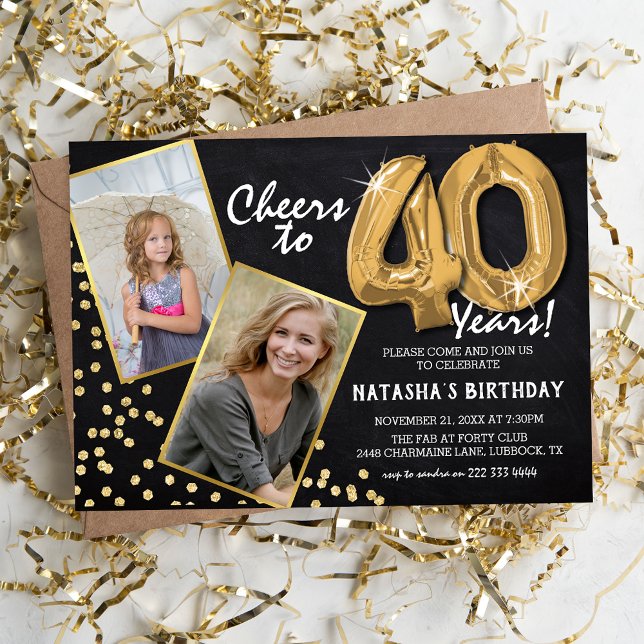 Chalkboard Gold Balloons 2 Photo 40th Birthday  Invitation (Creator Uploaded)