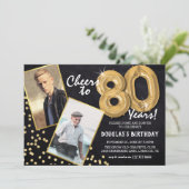 Chalkboard Gold Balloons 2 Photo 80th Birthday Invitation (Standing Front)
