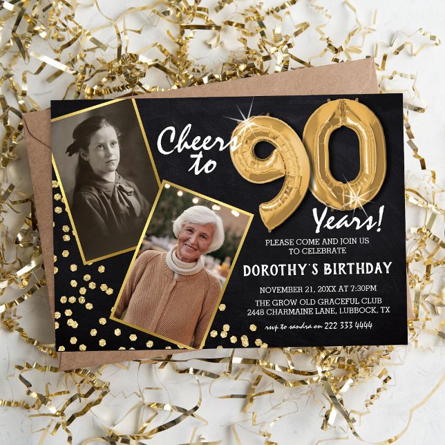 Chalkboard Gold Balloons 2 Photo 90th Birthday Invitation (Creator Uploaded)