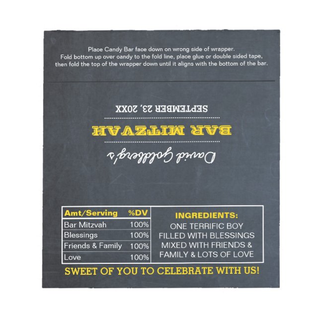 Chalkboard Gold Bar Mitzvah Candy Wrappers Notepad (Front)