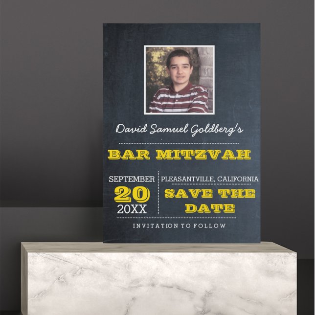Chalkboard Gold Bar Mitzvah Photo Save the Date Announcement Postcard (Creator Uploaded)
