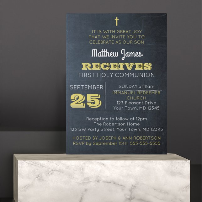 Chalkboard Gold First Communion Invitation (Creator Uploaded)