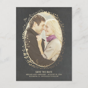 chalkboard gold floral frame photo save the date announcement postcard
