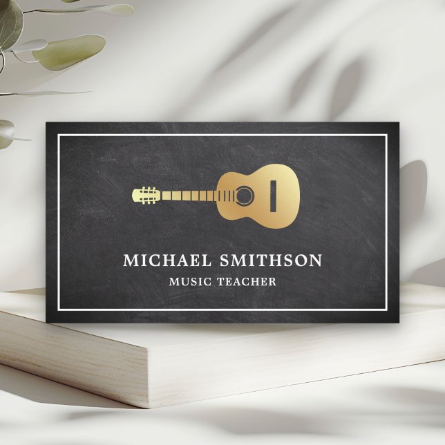 Chalkboard Gold Guitar Music Teacher Guitarist Business Card (Creator Uploaded)