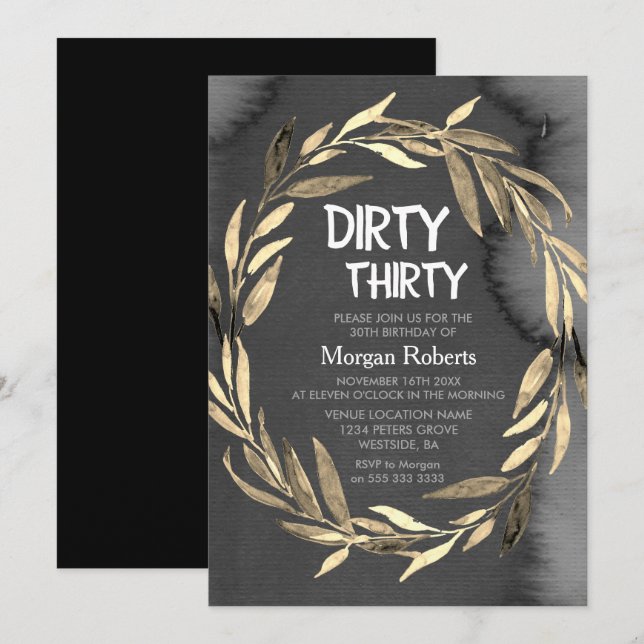 Chalkboard Gold Leaf Wreath 30th Birthday Party Invitation (Front/Back)