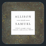 Chalkboard Gold Silver Star Wedding Return Address Square Sticker<br><div class="desc">A beautiful dark template for the DIY Bride. The background of the return address label displays the handmade stars and constellations. The simple and minimalist text begins with your names in all capitals. Your address is in italics and mixes caps and non-caps all on a plain white square outlined in...</div>