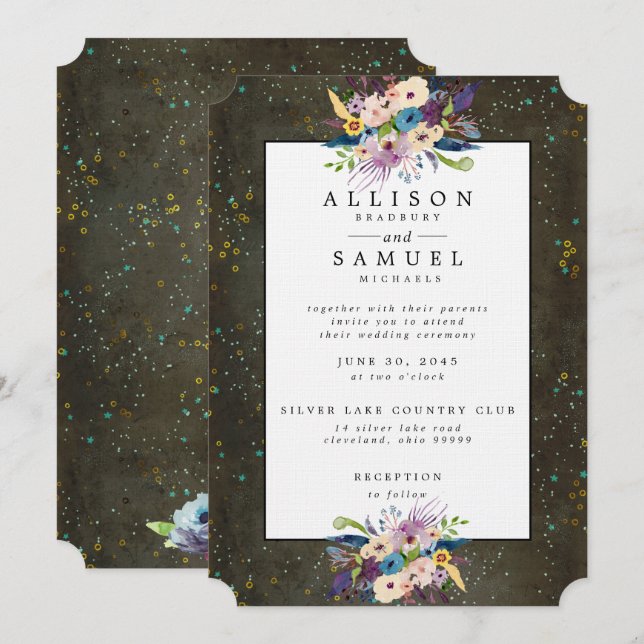 Chalkboard Gold Silver Stars Floral Wedding Invitation (Front/Back)