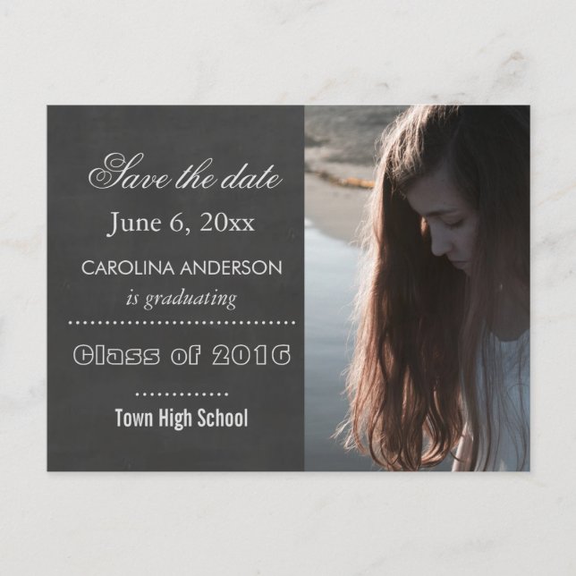 Chalkboard Graduate Photo Save The Date Announcement Postcard (Front)