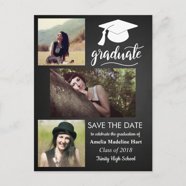 Chalkboard Graduate | Save The Date Three Photo Announcement Postcard (Front)