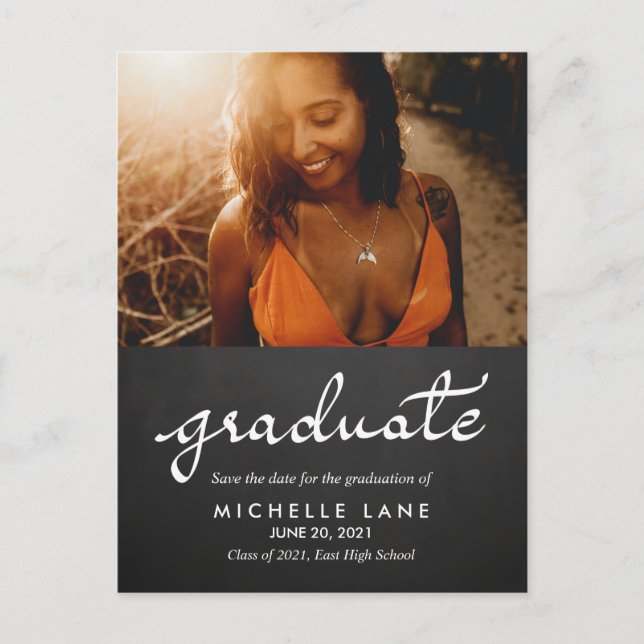 Chalkboard Graduate Script Save The Date Photo Announcement Postcard (Front)