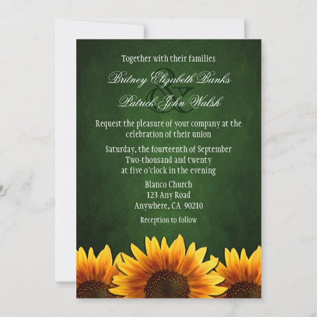 Chalkboard Green Sunflower Wedding Invitations (Back)