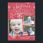 Chalkboard Greetings Collection Invitation<br><div class="desc">This 3-photo holiday card features hand lettered and calligraphy artwork on a festive red background with snowflakes.</div>