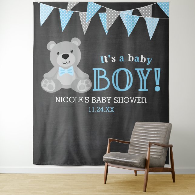 Chalkboard Grey Teddy Bear Baby Shower Backdrop Tapestry (In Situ)
