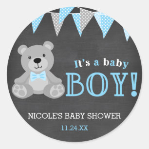Chalkboard Grey Teddy Bear Boy Baby Shower Classic Round Sticker