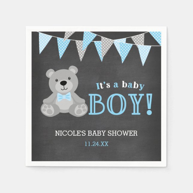 Chalkboard Grey Teddy Bear Boy Baby Shower Napkin (Front)