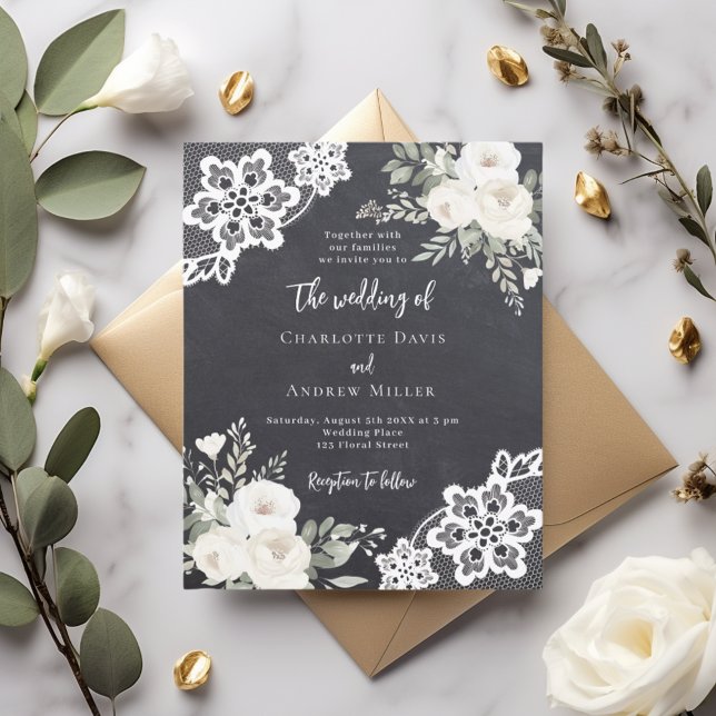 Chalkboard grey white lace wedding invitation (Creator Uploaded)