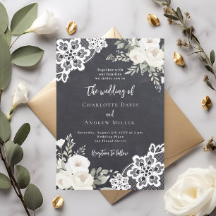 Chalkboard grey white roses lace wedding invitation