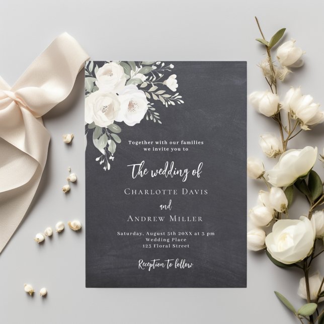 Chalkboard grey white roses wedding invitation (Creator Uploaded)