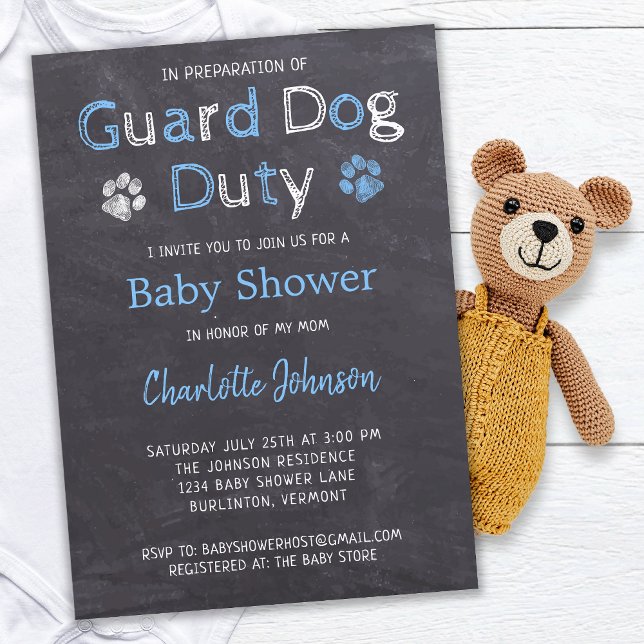 Chalkboard Guard Dog Duty Blue Boy Baby Shower Invitation (Creator Uploaded)