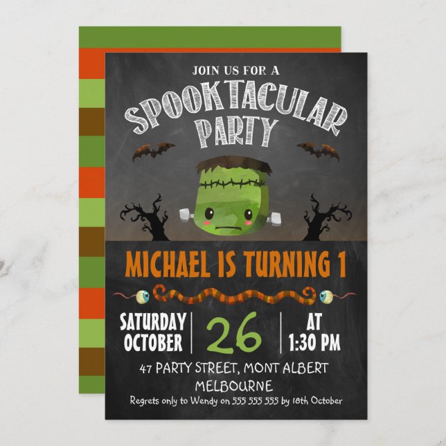 Chalkboard Halloween Frankenstein Birthday Invitation (Front/Back)