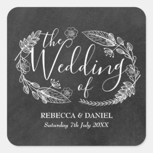 Chalkboard Hand-drawn Floral Garland Wedding Square Sticker